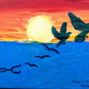 Ein lebendiges Gemälde eines Sonnenuntergangs über dem Meer mit einer strahlenden Sonne am Horizont. Vogelsilhouetten fliegen am Himmel, wobei sich ein Vogel von einer Kette befreit. Das Gemälde ist unten signiert.