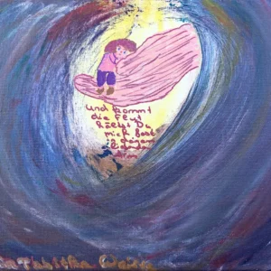 Ein Kind sitzt auf einem großen rosa Flügel in einem wirbelnden Wirbel aus Blau- und Lilatönen. Das Kind ist von hellgelbem Licht umgeben, in der Mitte befindet sich eine kursive Schrift. Unten befindet sich die Signatur des Künstlers.