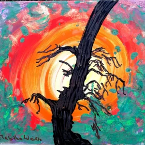 Ein Gemälde, das einen Baum vor einem leuchtenden Sonnenuntergang abbildet. Der Himmel vermischt Rot-, Orange- und Gelbtöne, umgeben von wirbelnden grünen und violetten Pinselstrichen, wodurch ein markanter Kontrast entsteht.