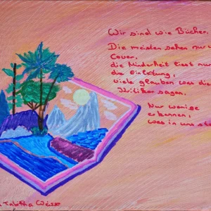 Ein offenes Buch mit einer illustrierten Landschaft aus Bäumen, Bergen, einem Fluss und der Sonne. Der deutsche Text ist oben und unten handschriftlich in Schreibschrift geschrieben. Der Hintergrund ist rosa.