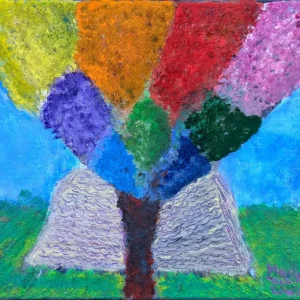 Ein lebendiges Gemälde eines offenen Buches, dessen Seiten einen Baumstamm bilden. Der Baum verzweigt sich in farbenfrohe Abschnitte, die an Blätter erinnern, darunter Gelb, Orange, Rot, Rosa, Grün und Lila, vor einem strahlend blauen Himmel und grünem Gras.