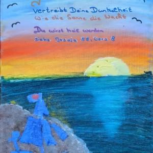 Ein farbenfrohes Gemälde zeigt eine Meereslandschaft bei Sonnenuntergang, mit einer strahlenden Sonne, die über dem Meer untergeht. Im Vordergrund ist ein kleines Segelboot mit violetten Segeln zu sehen. Oben in der Mitte steht ein deutscher Text, der von „Gottes Licht“ und einem Bibelvers aus Jesaja 58,8 spricht.
