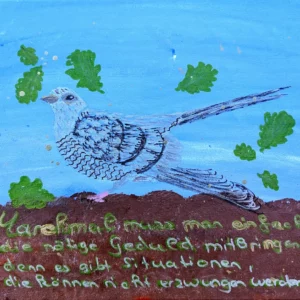 Ein handgezeichnetes Bild eines Vogels mit langem Schwanz, umgeben von grünen Blättern vor blauem Himmel. Unter dem Vogel steht deutscher Text. Der Boden ist braun, und der Vogel weist schwarz-weiße Muster auf.