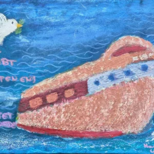 Ein Gemälde zeigt ein großes Boot auf blauem Wasser, in dessen Nähe eine Taube fliegt. Der Text lautet: „Gott begabt die Berufen ein“ und „gerettet aus Gnade“. Der Hintergrund zeigt wirbelnde Muster, die Wellen oder Bewegung suggerieren.