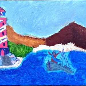 Ein farbenfrohes Gemälde zeigt einen gestreiften Leuchtturm an einer felsigen Küste mit den Aufschriften „Rojo“, „Blanco“ und „Verde“. Eine Person in einem kleinen Boot navigiert durch das unruhige blaue Wasser. Im Hintergrund erheben sich Berge unter einem strahlend blauen Himmel.