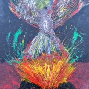 Abstraktes Gemälde eines Vogels, der aus einer feurigen Explosion hervorgeht. Die Flügel des Vogels sind weit ausgebreitet, mit leuchtend roten und orangefarbenen Pinselstrichen, die Flammen darstellen, und wirbelnden grünen Akzenten vor einem dunklen Hintergrund.