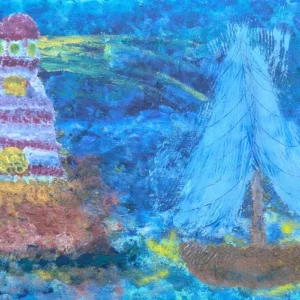 Abstraktes Gemälde eines Leuchtturms (links) mit leuchtend weißen und roten Streifen, strahlend gelbem Licht und einem blauen Segelboot (rechts). Der Hintergrund ist eine strukturierte Mischung aus Blautönen und einem Hauch von Gelb, die an eine Meeresszene erinnert.