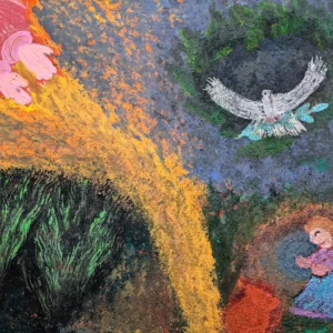Das Gemälde „Komm zu Jesus und lebe“ zeigt eine kniende Person inmitten lebendiger Texturen. Ein Vogel fliegt unter einem grünen Kreis, während gelbe und orange Farbtöne von oben links herabfallen und mit dunkelgrünen Pinselstrichen unten kontrastieren.
