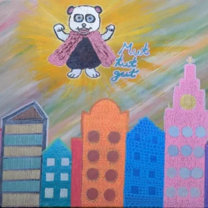 Ein lebendiges Gemälde einer urbanen Skyline zeigt geometrisch geformte Gebäude in Rosa, Blau und Orange. Darüber schwebt ein Cartoon-Panda mit Umhang vor dem Hintergrund. Daneben steht „Mut tut gut“ am gestreiften Himmel.
