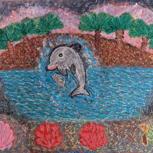 „Kind sein“ ist ein lebendiges Kunstwerk, das einen Delphin zeigt, der mit einem kleineren Delfin vor üppigen Bäumen und rosa Wolken springt. Muscheln und Meereslebewesen am unteren Rand vervollständigen die Meeresszene.