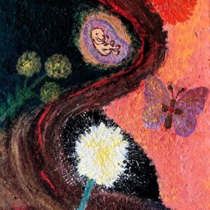 Das strukturierte abstrakte Gemälde „Leben“ zeigt eine Yin-Yang-Form mit einem Fötus, Blumen und einem Schmetterling. Die linke Seite ist dunkler mit grünen Blüten, während die rechte Seite heller mit Orange und Pink ist und Leben und Transformation symbolisiert.
