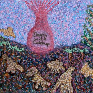Farbenfrohes abstraktes Gemälde mit einer roten, vasenartigen Form mit der Aufschrift „Death with Ecstasy“ in der Mitte. Um sie herum befinden sich verschiedene strukturierte, mehrfarbige Formen auf violettem und blauem Hintergrund, die eine lebendige, dynamische Szene erzeugen.