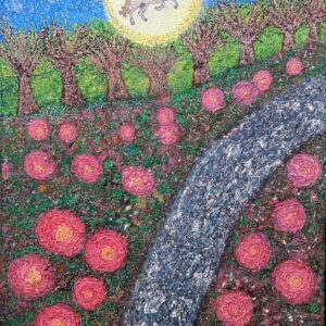 Ein Gemälde mit dem Titel „Pegasus... dem Leben Flügel verleihen“ zeigt ein geflügeltes Pferd, das vor der Sonne über kahle Bäume fliegt, während neben einem glitzernden Bach unter blauem Himmel rosa Rosen blühen. Oben ist ein deutscher Text zu sehen.
