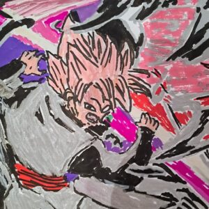 Zeichnung einer Figur mit stacheligem Haar, dunklem Outfit und Action-Pose. Der Hintergrund zeigt dynamische Striche in Rosa, Lila, Schwarz und Grau, die eine energiegeladene Atmosphäre schaffen.