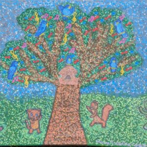 „Ich darf fröhlich sein“ ist ein farbenfrohes, strukturiertes Gemälde, das ein Kaninchen, eine Katze, ein Eichhörnchen und eine Schildkröte zeigt, die unter einem großen Baum tanzen, während Vögel unter einem blauen Himmel und auf grünem Gras zwischen rosa Musiknoten singen.