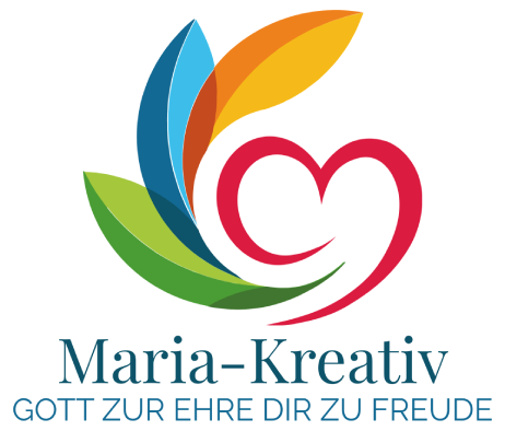 Farbenfrohes abstraktes Blatt- und Herzlogo mit dem Text „Maria-Kreativ“ darunter, gefolgt von „GOTT ZUR EHRE DIR ZU FREUDE“.
